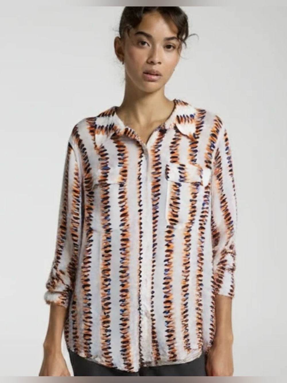 cooper & ella White Button-Down Shirt with Orange & Navy Stripe Pattern